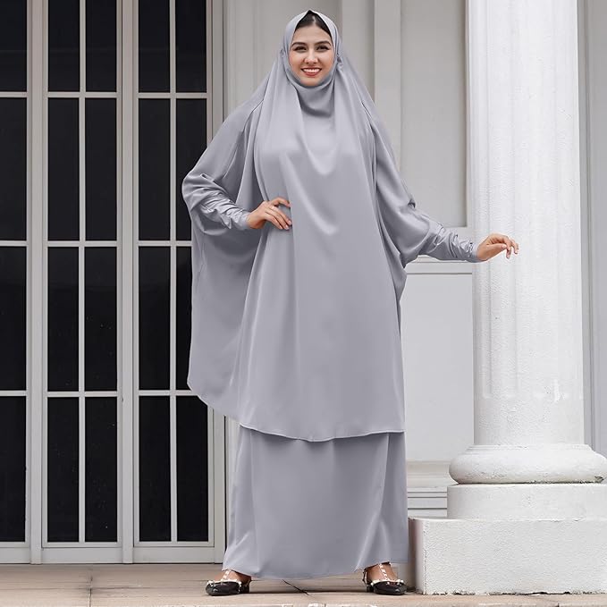 IDOPIP Two Pieces Jilbab Modest Dress for Muslim Women Long Maxi Khimar + Skirt with Hijab