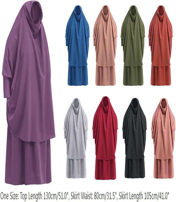 IDOPIP Two Pieces Jilbab Modest Dress for Muslim Women Long Maxi Khimar + Skirt with Hijab