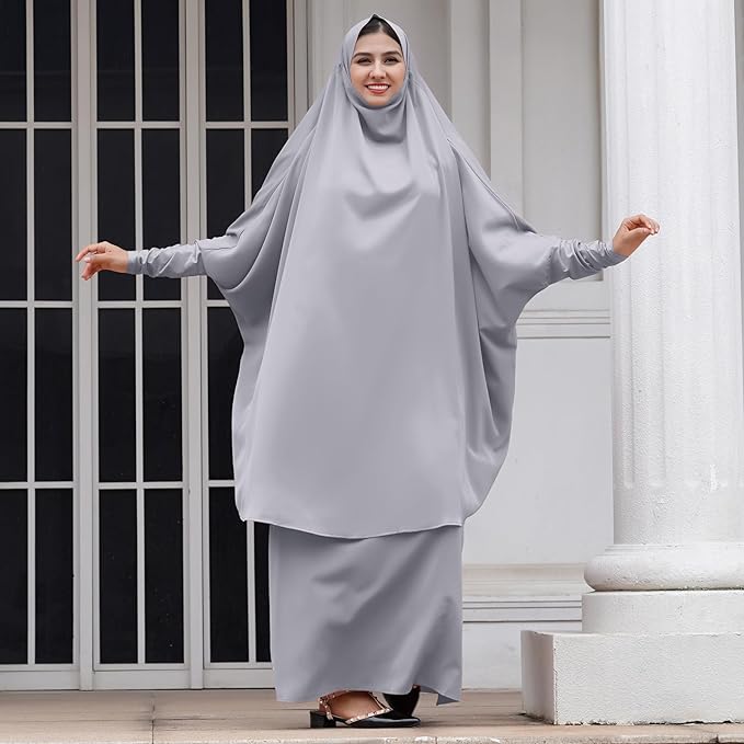 IDOPIP Two Pieces Jilbab Modest Dress for Muslim Women Long Maxi Khimar + Skirt with Hijab